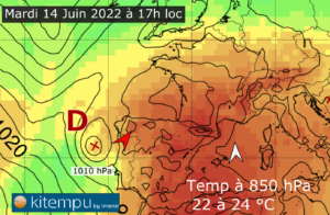 Kitempu : Pression au niveau de la mer et températures à 850 hPa (1500m)- source SportRIZER.report