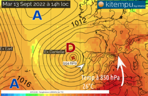 Pression au niveau de la mer et températures à 850 hPa (1500m)- source SportRIZER.report