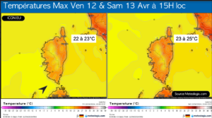Températures maximales attendues Ven 12 et Sam 13 avril - Modèle ICON EU - Source: Meteologix.com – Illustration: Kitempu