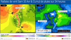 Rafales pour Samedi 20 Avril et Cumul de pluies nuit de lundi à mardi 23 avril - Modèle ICON EU - Source: Meteologix.com – Illustration: Kitempu