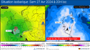 Situation isobarique pour Samedi 27 Avril et Cumul de pluies - Modèle ECMWF- Source: Meteologix.com – Illustration: Kitempu