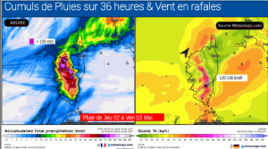 Pluies attendues sur 36 heures et rafales de vent pour Jeudi 02 Mai - Modèle AROME-ICON HD Source: Meteologix.com – Illustration: Kitempu