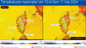 Températures maximales attendues Ven 09 et Sam 11 Mai - Modèle SWISS HD Source: Meteologix.com – Illustration: Kitempu