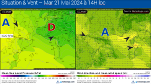 Situation générale et vent pour le mardi 21 Mai 2024 - Modèle ECMWF Source: Meteologix.com – Illustration: Kitempu