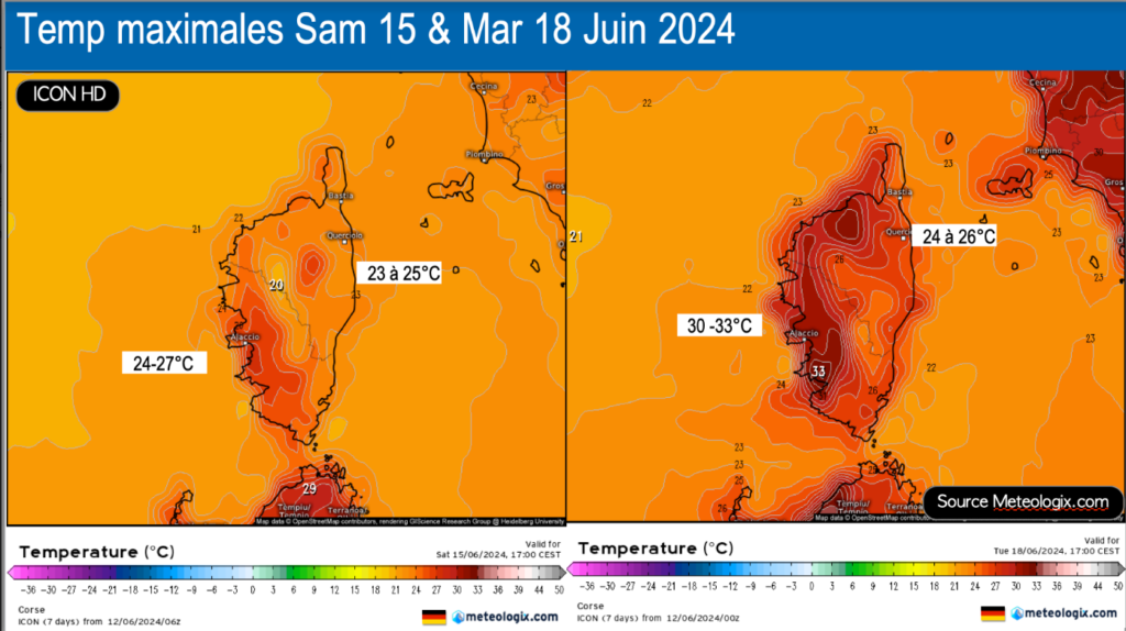 Températures attendues en surface - Modèle ICON - Source: Meteologix.com – Illustration: Kitempu