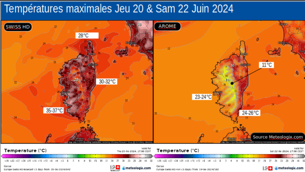 Températures attendues en surface - Modèle SWISS HD et AROME - Source: Meteologix.com – Illustration: Kitempu