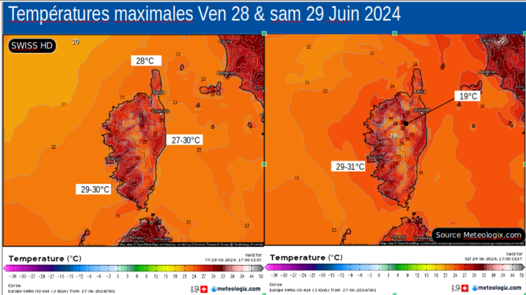 Températures attendues en surface - Modèle SWISS HD - Source: Meteologix.com – Illustration: Kitempu