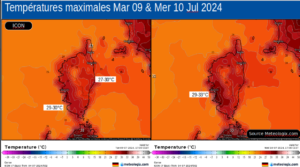 Températures attendues en surface - Modèle ICON- Source: Meteologix.com – Illustration: Kitempu