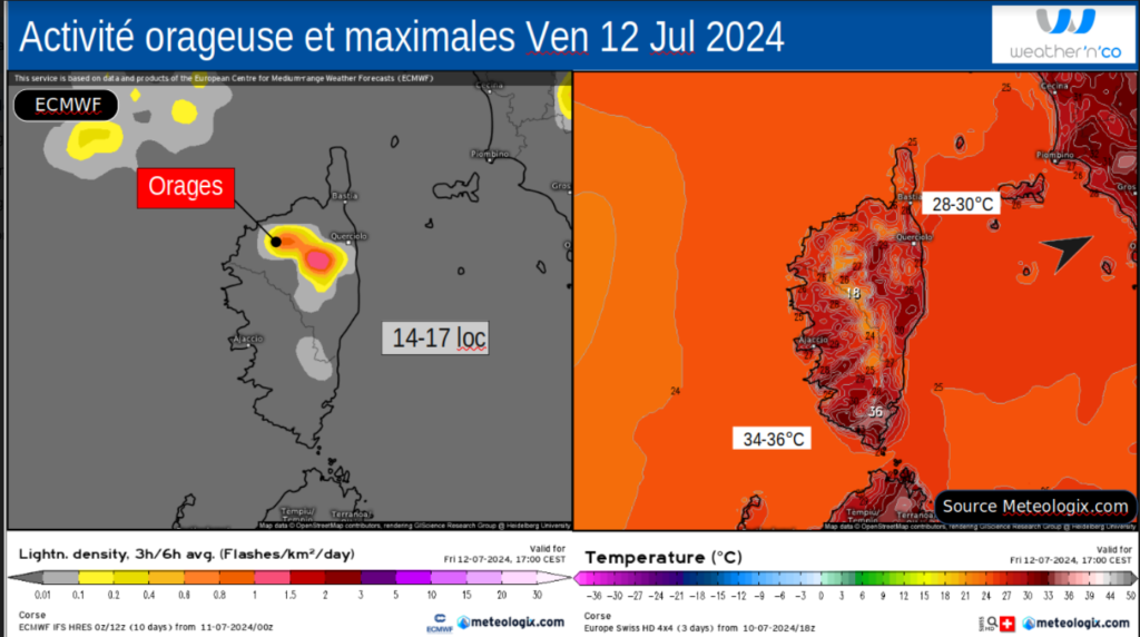 Activité orageuse et Températures attendues en surface - Modèle ICON- Source: Meteologix.com – Illustration: Kitempu