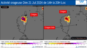 Activité orageuse attendue en surface - Modèle ECMWF Source: Meteologix.com – Illustration: Kitempu