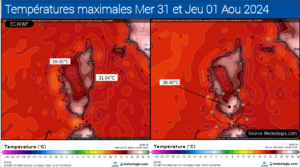 Maximales prévues - Modèle ECMWF Source: Meteologix.com – Illustration: Kitempu