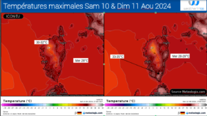 Maximales prévues - Modèle ECMWF Source: Meteologix.com – Illustration: Kitempu