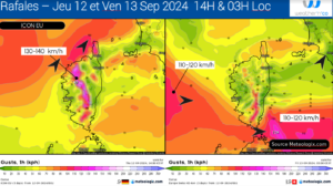 Rafales maxiamles attendues- Modèle ICON EU Source: Meteologix.com – Illustration: Kitempu