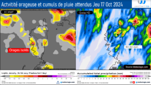 Activité orageuse et cumuls de pluies attendues - Modèle SWISS HD Source: Meteologix.com – Illustration: Kitempu