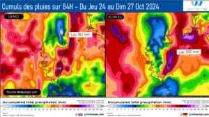 Activité orageuse et cumuls de pluies attendues - Modèle SWISS HD Source: Meteologix.com – Illustration: Kitempu