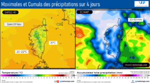 Maximales du week end et Cumuls des pluies attendues sur 5 jours - Modèle ECMWF GFS Source: Meteologix.com – Illustration: Kitempu