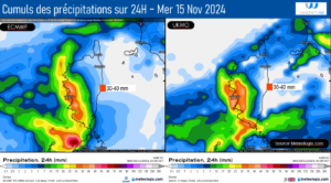 Cumuls des pluies attendues sur 24 heures - Modèle ECMWF ICON EU Source: Meteologix.com – Illustration: Kitempu