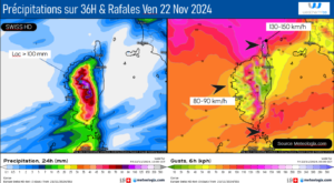 Cumuls de pluies et rafales maximales attendues vendredi 22 Nov 2024- Modèle SWISS HD Source: Meteologix.com – Illustration: Kitempu