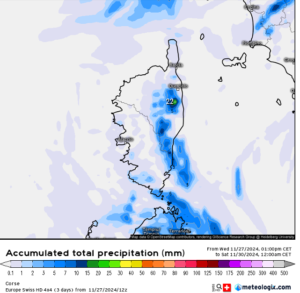 Accumulation de précipitations vendredi 29 Nov 2024- Modèle SWISS HD Source: Meteologix.com