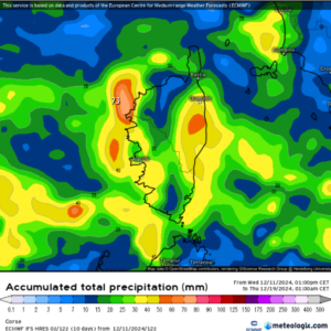 Précipitations attendues de jeudi jusqu’à samedi 14 Décembre inclus- Modèle ECMWF Source: Meteologix.com
