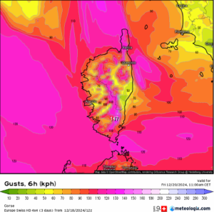 Rafales maximales attendues poiur la journée du vendredi 20 Décembre 2024- Modèle Swiss HD 4*4 Source: Meteologix.com