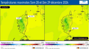 Tempértaures maximales attendues samedi 28 et dimanche 29 décembre 2024- Modèle ICON EU Source: Meteologix.com – Illustration: Kitempu