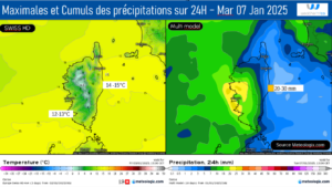 Tempértaures maximales attendues Ven 03 Janvier 2025- Modèle SWISS HD et Cumuls de pluies Mardi 07 janvier 2025 . Source Meteologix.com – Illustration: Kitempu