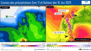 Pluies attendues samedi 11 Jan et rafales maximales de vent Vendredi 10 janvier 2025- Modèle ECMWF ICON EU . Source Meteologix.com – Illustration: Kitempu