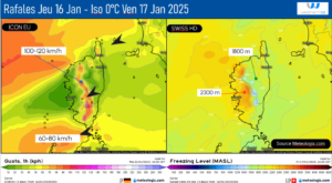 Rafales attendues Jeudi 16 Jan et Situation iso 0°C Vendredi 17 janvier 2025- Modèle ECMWF ICON EU – SWISS HD . Source Meteologix.com – Illustration: Kitempu