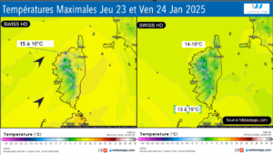 Maximales prévues jeudi 23 et vendredi 24 janvier 2025- Modèle SWISS HD Source: Meteologix.com – Illustration: Kitempu
