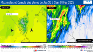 cumuls des pluies de jeudi à samedi 01 février 2025 - Modèle SWISS HD / AROME Source: Meteologix.com – Illustration: Kitempu