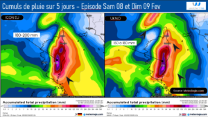 Cumuls des pluies attendus sur 120 heures - Modèles ICON-EU / UK Source: Meteologix.com – Illustration: Kitempu