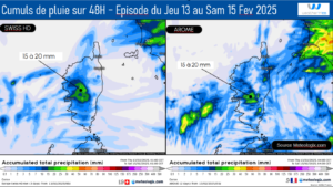 Cumuls des pluies attendus sur 48 heures - Modèles AROME/SWISS HD Source: Meteologix.com – Illustration: Kitempu