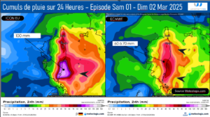 Cumuls des pluies attendus - Modèles AROME/SWISS HD Source: Meteologix.com – Illustration: Kitempu