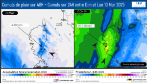 Cumuls des pluies attendus - Modèles ICON EU et ECMWF Source: Meteologix.com – Illustration: Kitempu
