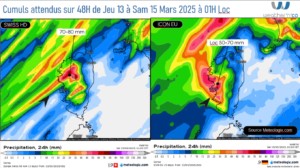 Cumuls des pluies attendus - Modèles ICON EU et ECMWF Source: Meteologix.com – Illustration: Kitempu