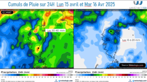 Cumuls de pluie attendus en corse- Modèle ECMWF Source: Meteologix.com – Illustration: Kitempu