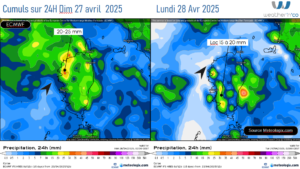 Cumuls de pluie attendus sur 24 heures-Modèle ECMWF Source: Meteologix.com – Illustration: Kitempu météo corse