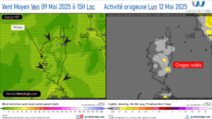 Vent moyen et activité orageuse - Source: Meteologix.com – Illustration: Kitempu