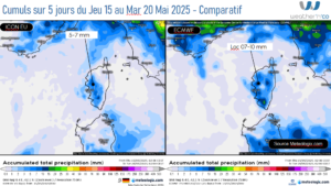 Cumuls de pluie sur 5 jours – ICON EU – ECMWF Source: Meteologix.com – Illustration: Kitempu