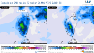 météo corse : Cumuls de pluie sur 4 jours – ICON EU – ECMWF Source: Meteologix.com – Illustration: Kitempu