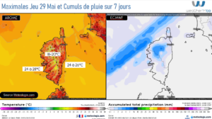 météo corse : Maximales et Cumuls de pluie sur 7 jours Source: Meteologix.com – Illustration: Kitempu