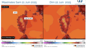 météo corse : Maximales - Modèle ECMWF ICON Source: Meteologix.com – Illustration: Kitempu