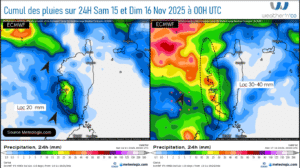 Prévision des cumuls de pluie Samedi et dimanche Source: Meteologix.com – Illustration: Kitempu