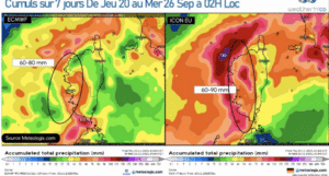 Prévision des cumuls de pluie sur 7 jours Source: Meteologix.com – Illustration: Kitempu météo corse