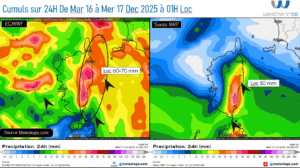Prévision des cumuls de pluie Source: Meteologix.com – Illustration: Kitempu