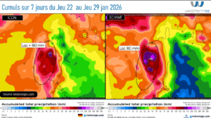 Prévision des cumuls de pluie ECMWF vs ICON Source: Meteologix.com - Illustration: Kitempu