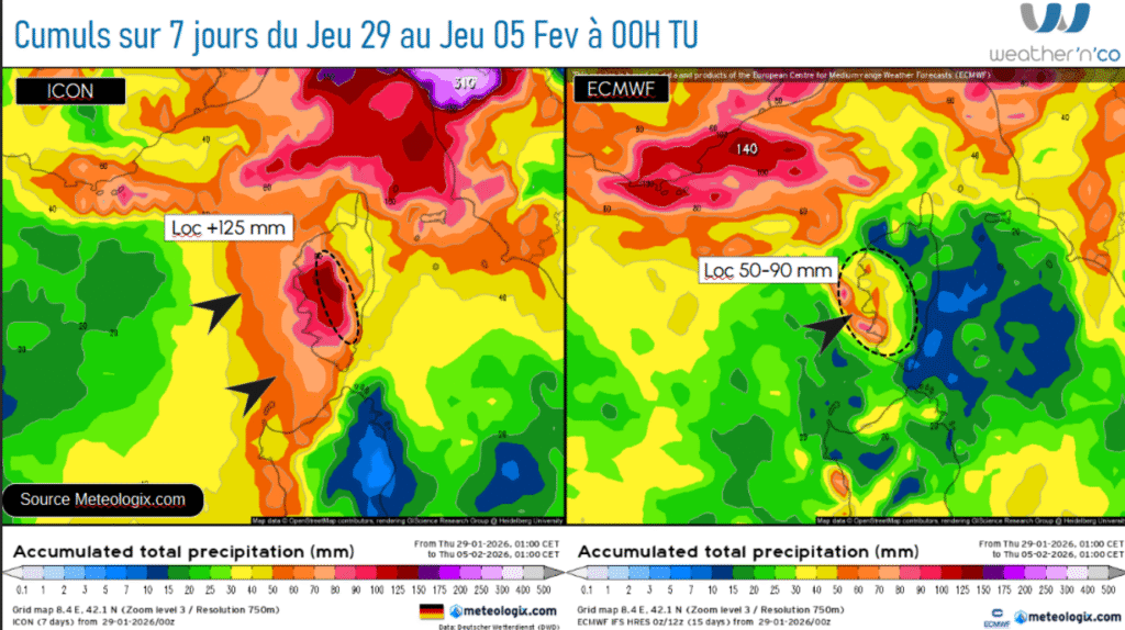 Prévision des cumuls de pluie ECMWF vs ICON Source: Meteologix.com - Illustration: Kitempu