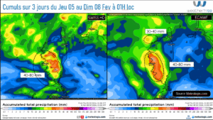 Prévision des cumuls de pluie SWISS HD vs ECMWF Source: Meteologix.com - Illustration: Kitempu