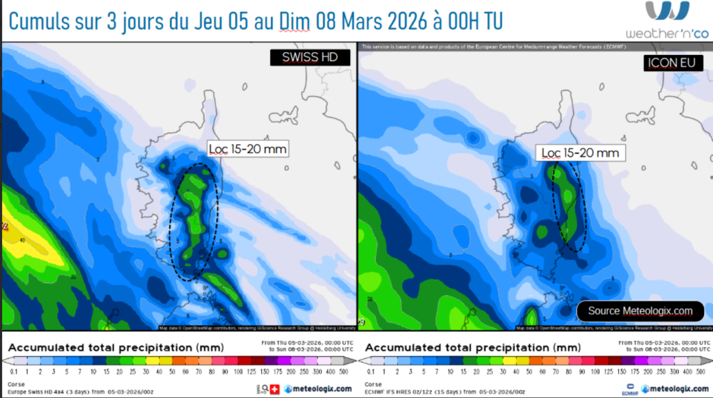 Prévision des cumuls de pluie SWISS HD et ECMWF - Source: Meteologix.com - Illustration: Kitempu